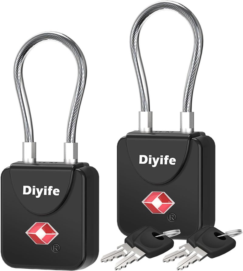 Diyife أقفال الأمتعة مع مفتاح، [عبوة 2] أقفال أمتعة معتمدة من TSA، أقفال حقائب، قفل سفر صغير مع كابل فولاذي من سبائك الزنك مثالي للحقائب، الحقائب، صندوق الأدوات، الحقيبة (أسود) - Image 1
